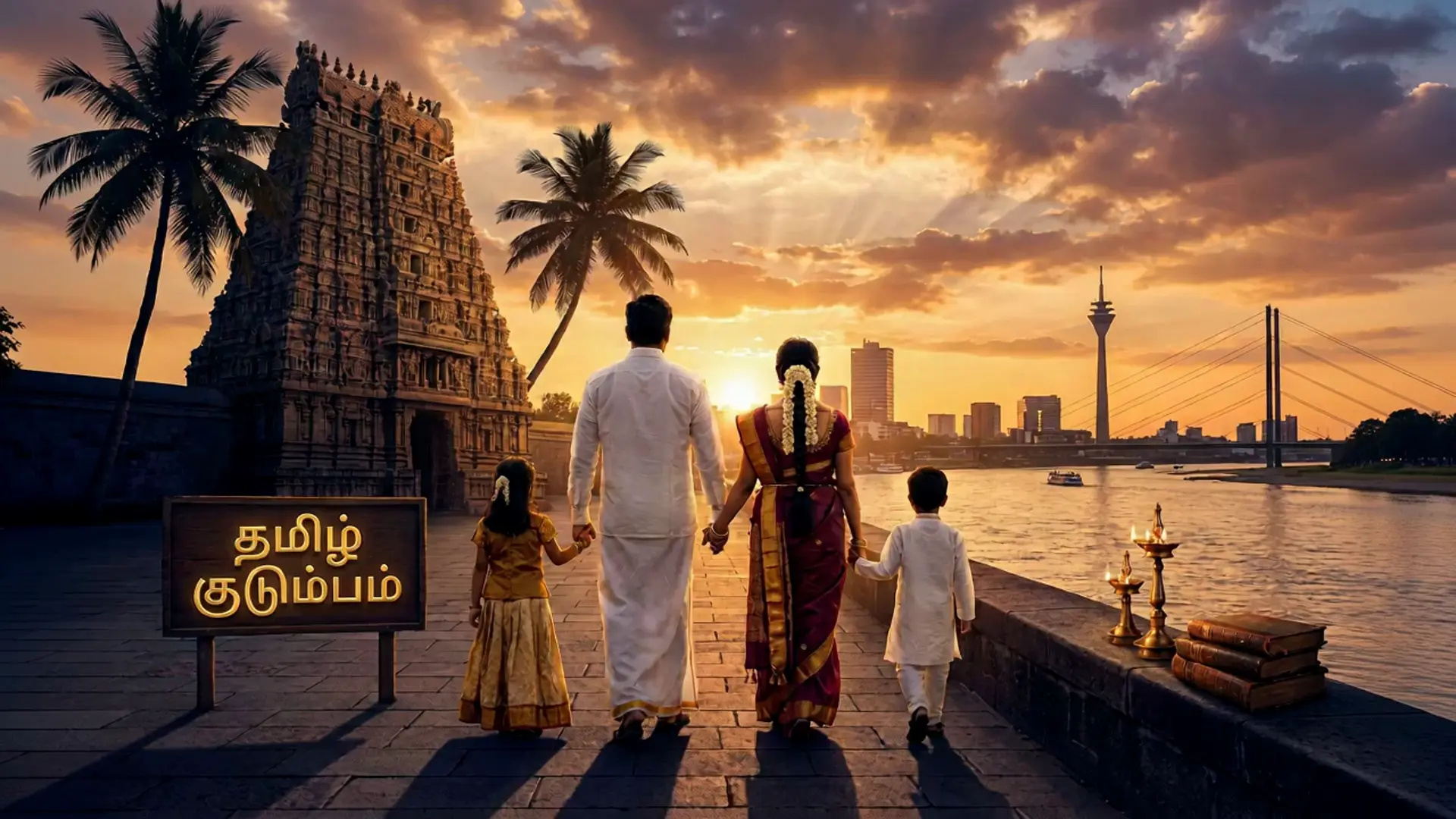 Tamilische Familie am Flussufer vor deutscher Skyline im Abendlicht